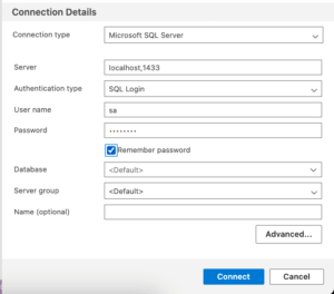 Azure Data Studio setting for SQL server running on Docker