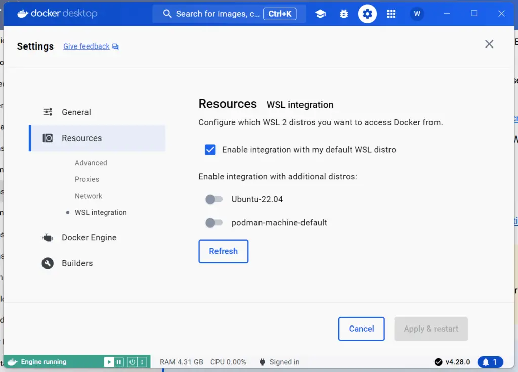 Enable WSL integration for Docker in Windows