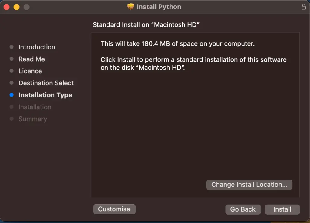 Python Install MacOS Destination Selection